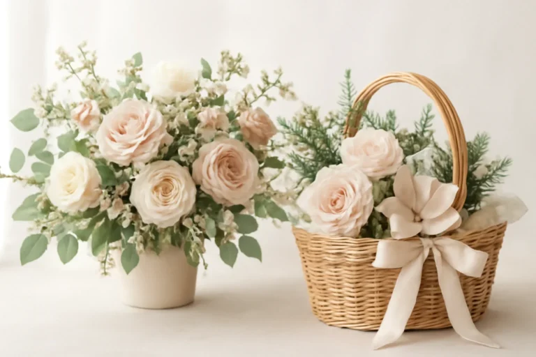 Handcrafted floral design representing christmas centerpieces and holiday gift basket ideas