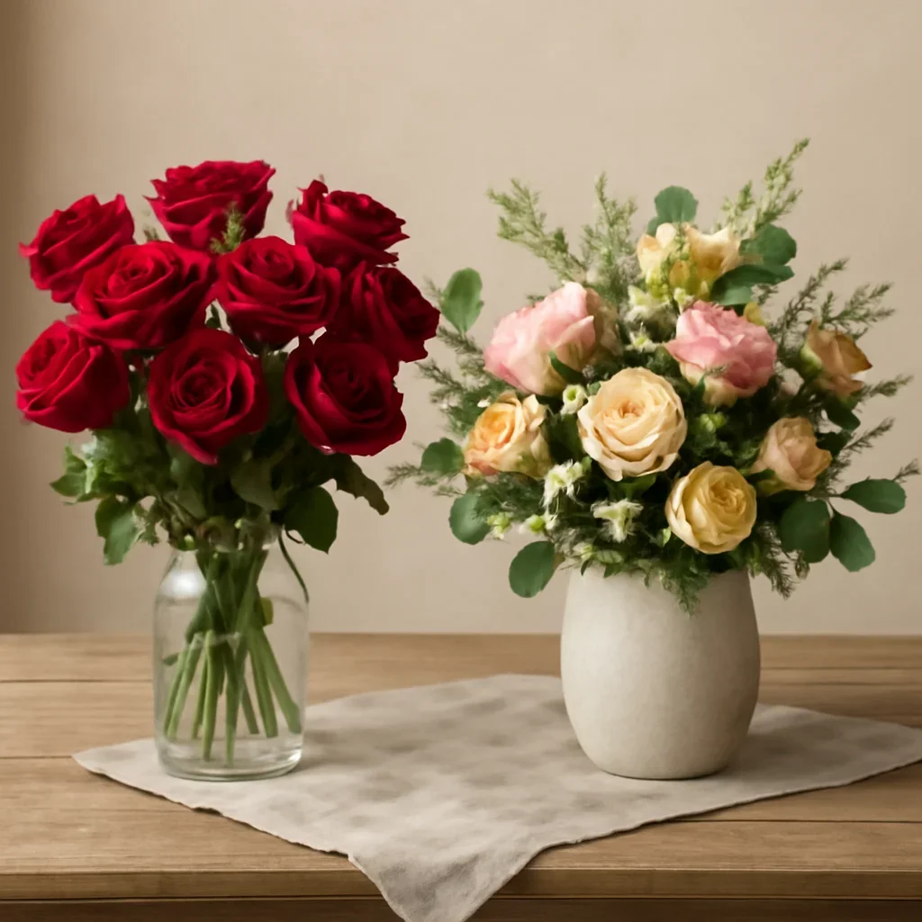 Editorial floral scene supporting roses vs mixed bouquets: which gift fits the occasion?
