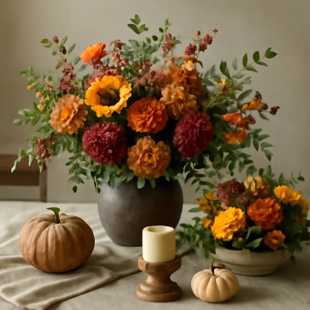 Editorial floral scene supporting thanksgiving centerpieces for home and event tables