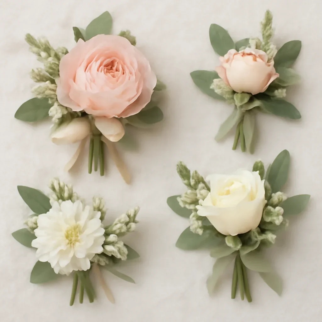 Seasonal flowers and design details related to corsages & boutonnieres