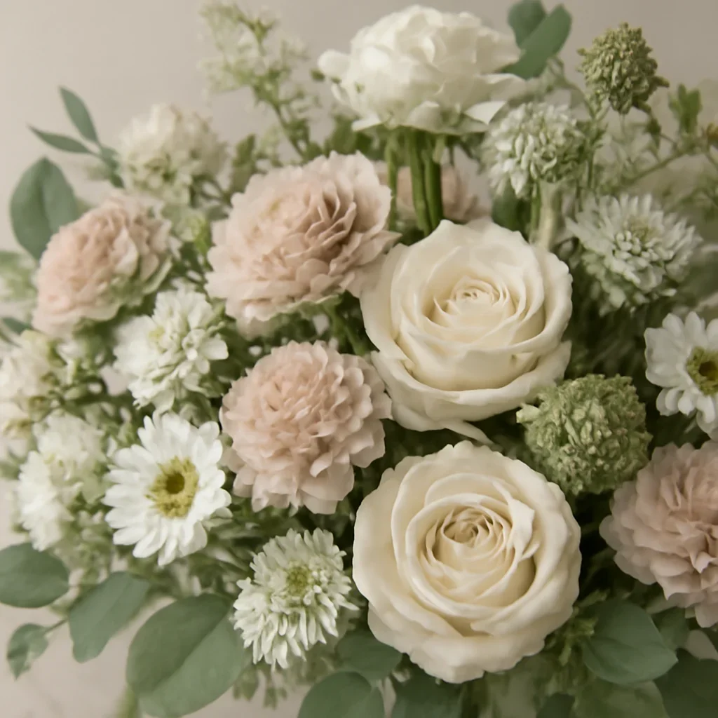 Seasonal flowers and design details related to funeral flowers