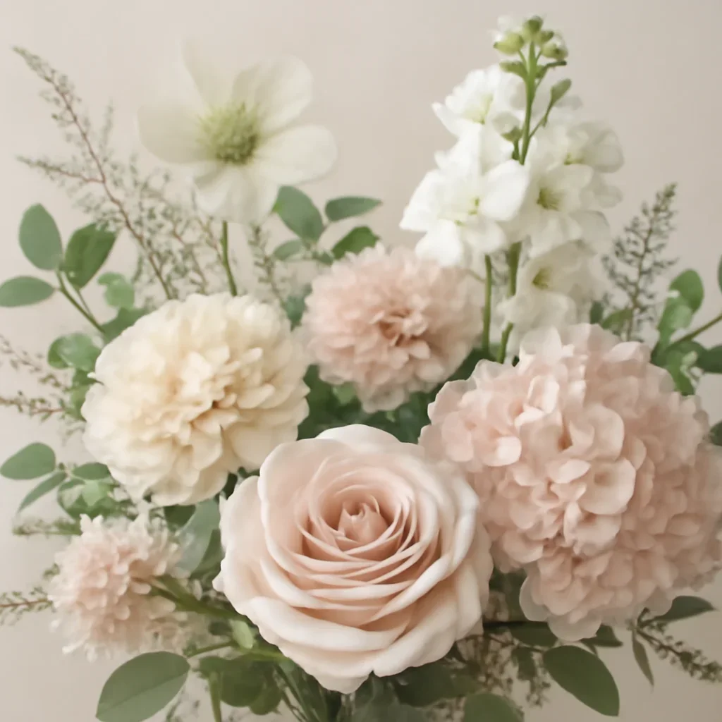 Seasonal flowers and design details related to sympathy flowers