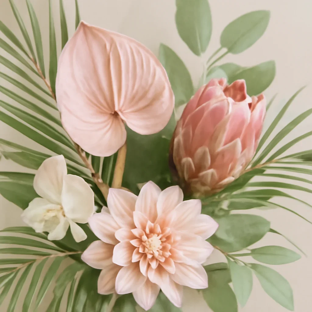 Seasonal flowers and design details related to tropical arrangements