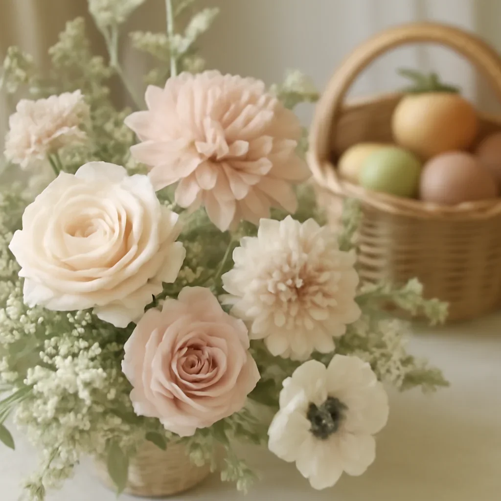 Seasonal flowers and design details related to fruit baskets