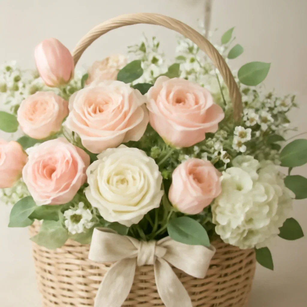 Seasonal flowers and design details related to gift baskets