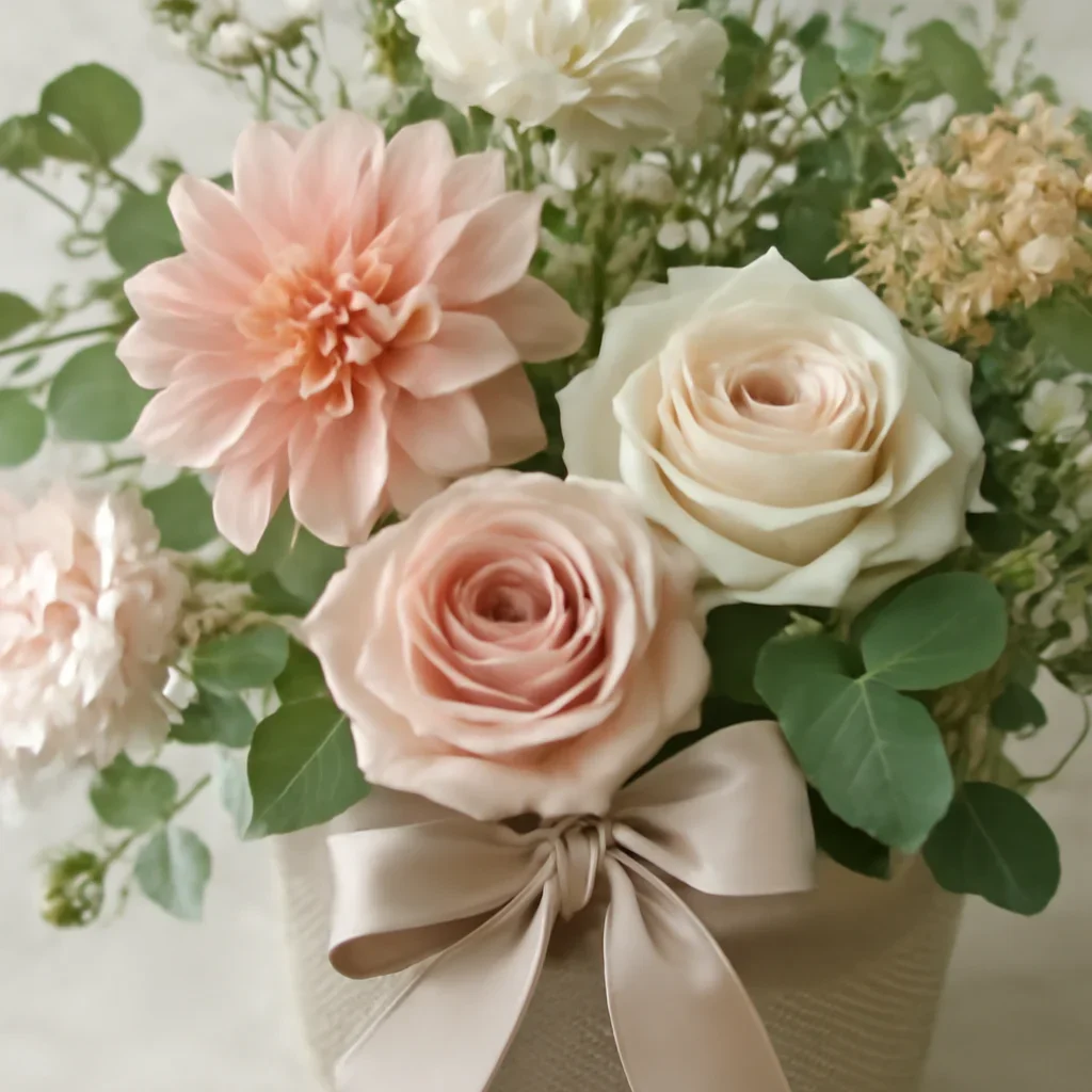 Seasonal flowers and design details related to gourmet baskets