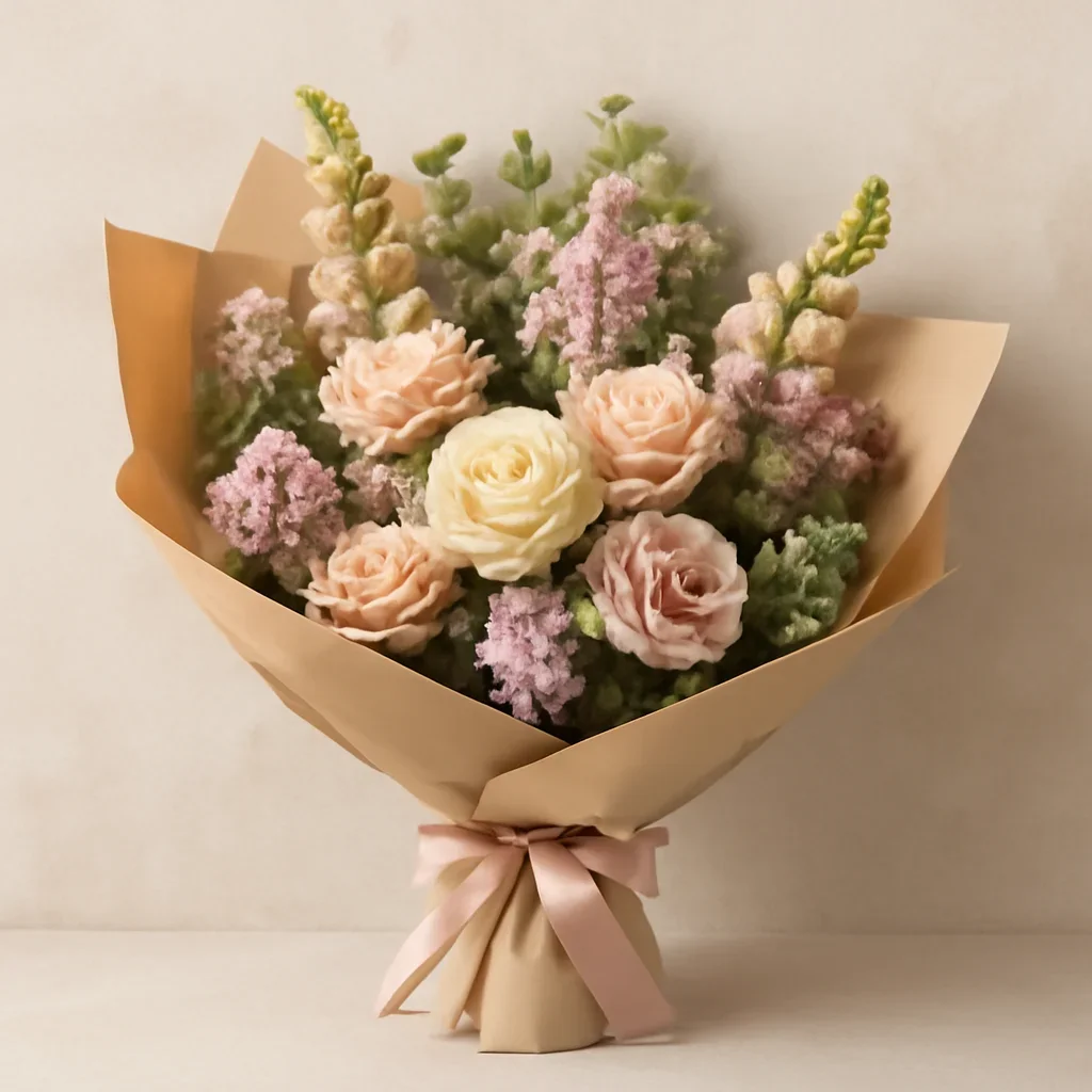 Thoughtful floral arrangement wrapped and ready to order