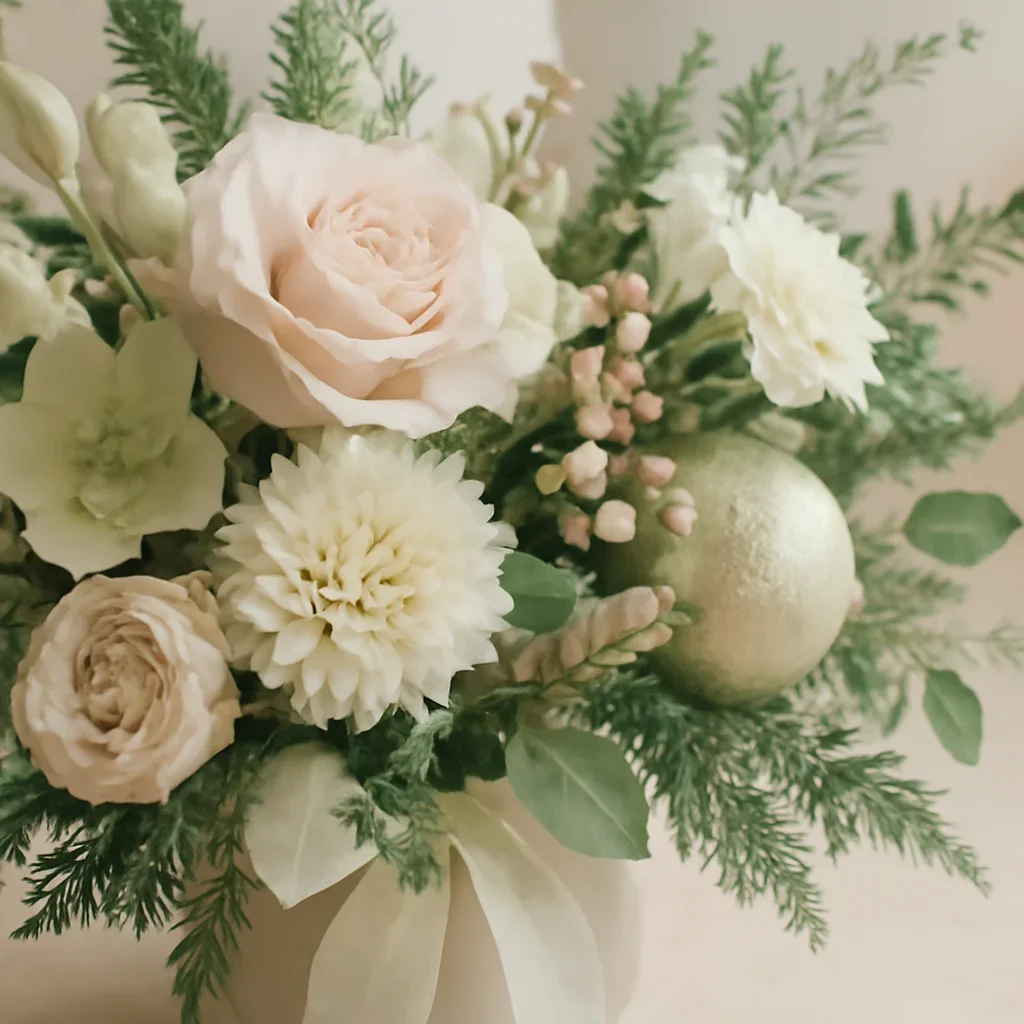 Seasonal flowers and design details related to christmas centerpieces
