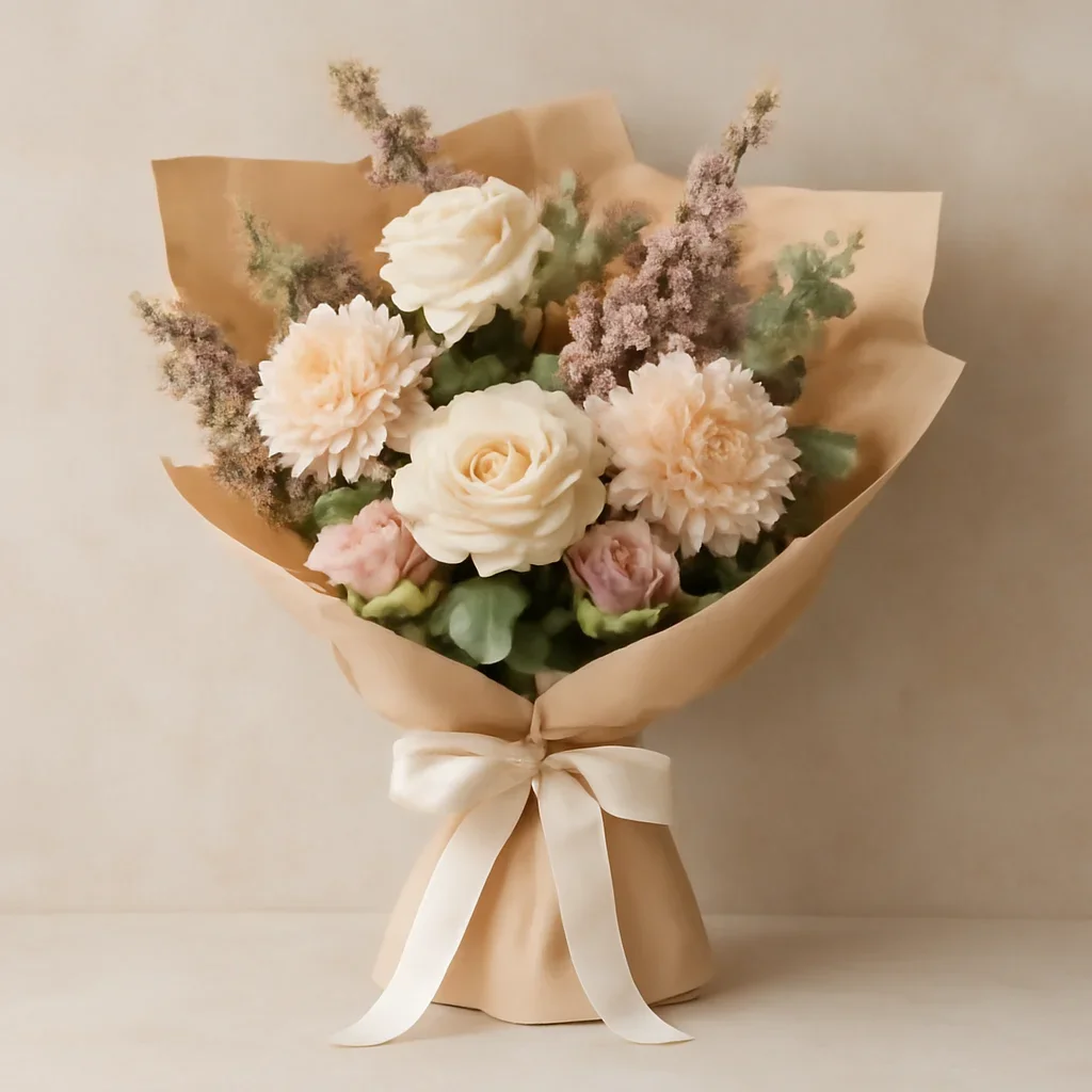 Thoughtful floral arrangement wrapped and ready to order